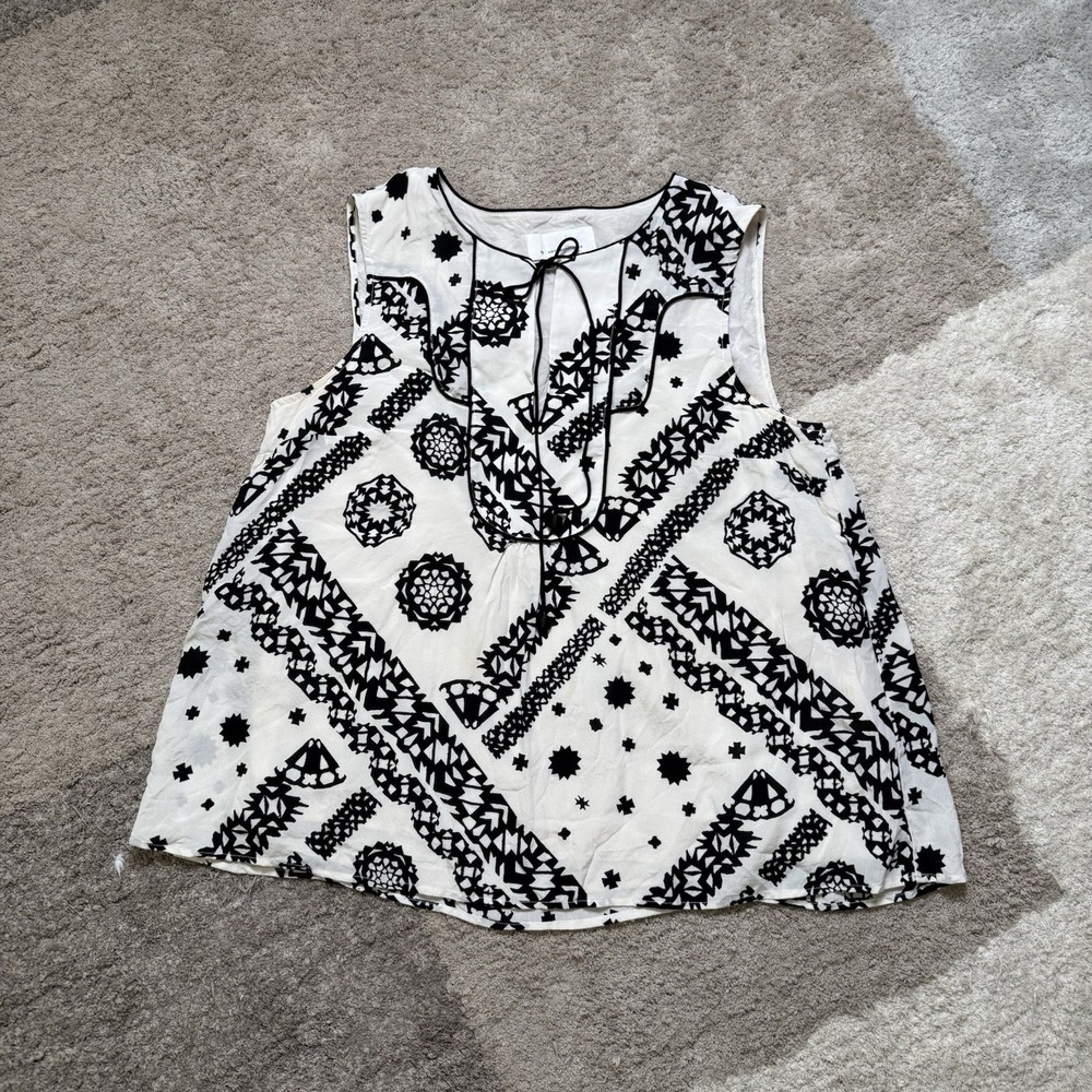 Women's Anthropologie Silk Sleeveless Top | Cream Black Shapes | Size 8 - Picture 1 of 6
